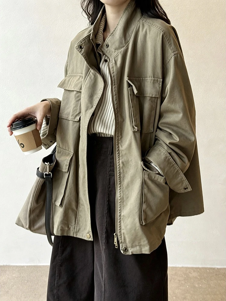 Women Vintage Utility Jacket Cotton Workwear Coat Stand Collar Zip Up Cargo Pocket Casual Loose Autumn Field Jacket