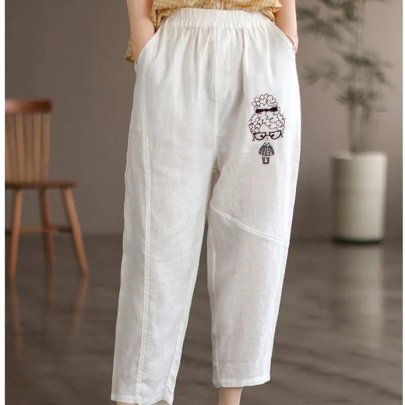 Calça retrô de emenda feminina, indústria pesada, bordado, cintura elástica, moda bolso, monocromática, halen reto solto, verão, 2024