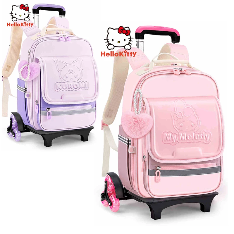 Miniso Cinnamoroll Kuromi Girl Trolley Schoolbag Pupil Grade1-4 cute Wheeled Backpack Elementary Student 6-Wheel School Bag Gift