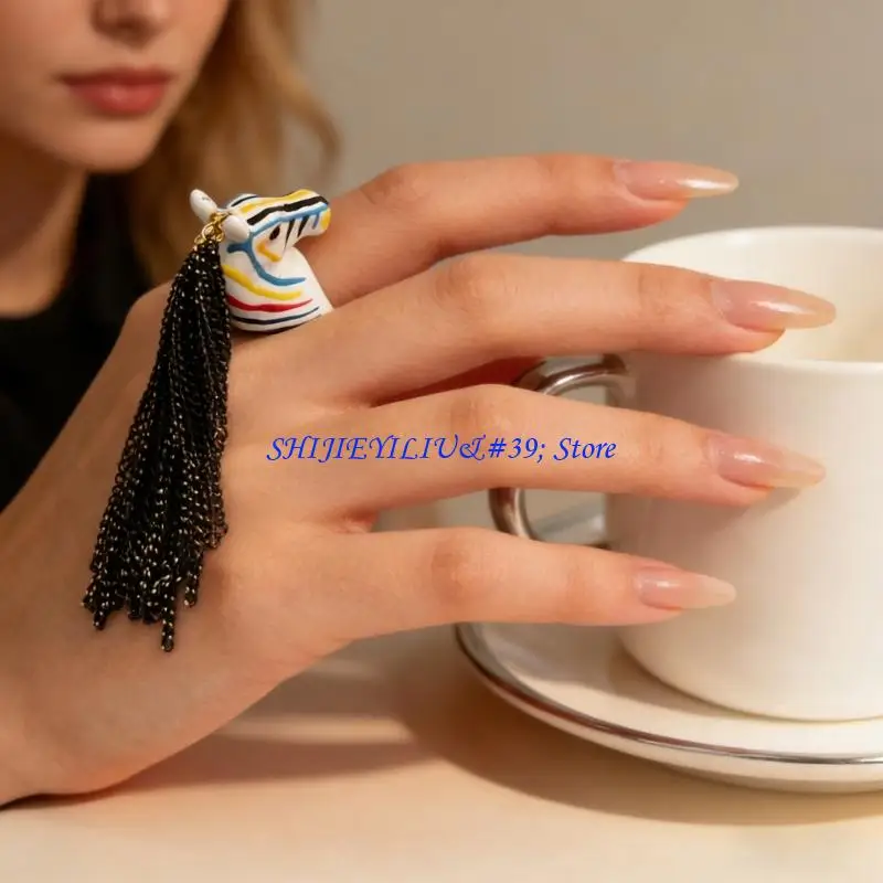 E21F Zebras Face Rings With Hanging Tassels Great For Everyday Styles Upgrades