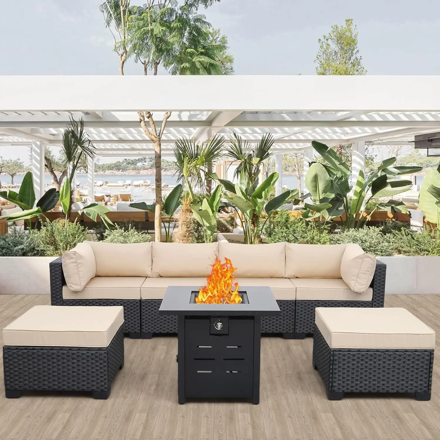 

7 Pieces Outdoor PE Wicker Furniture Set Patio Rattan Sectional Conversation Sofa Set with Khaki Cushions and Fire Pit Table