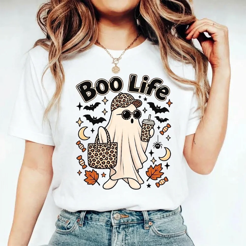 Women Boo Life Ghost T Shirt Spooky Cute Leopard Graphic Tees Vintage Halloween Short Sleeve Tops Oversized Casual Streetwear