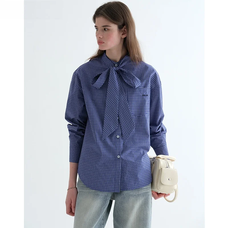 

Женская рубашка в стиле ретро-колледж с длинным рукавом, весенняя, с узлами на талии, из хлопка, в клетку, на пуговицах, повседневная, свободного кроя