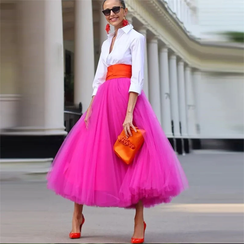 Fuchsia Puffy Tutu Skirts Girls Birthday Party  Saias High Waist Tea Length Fashion Skirt High Street Long Skirt For Lady