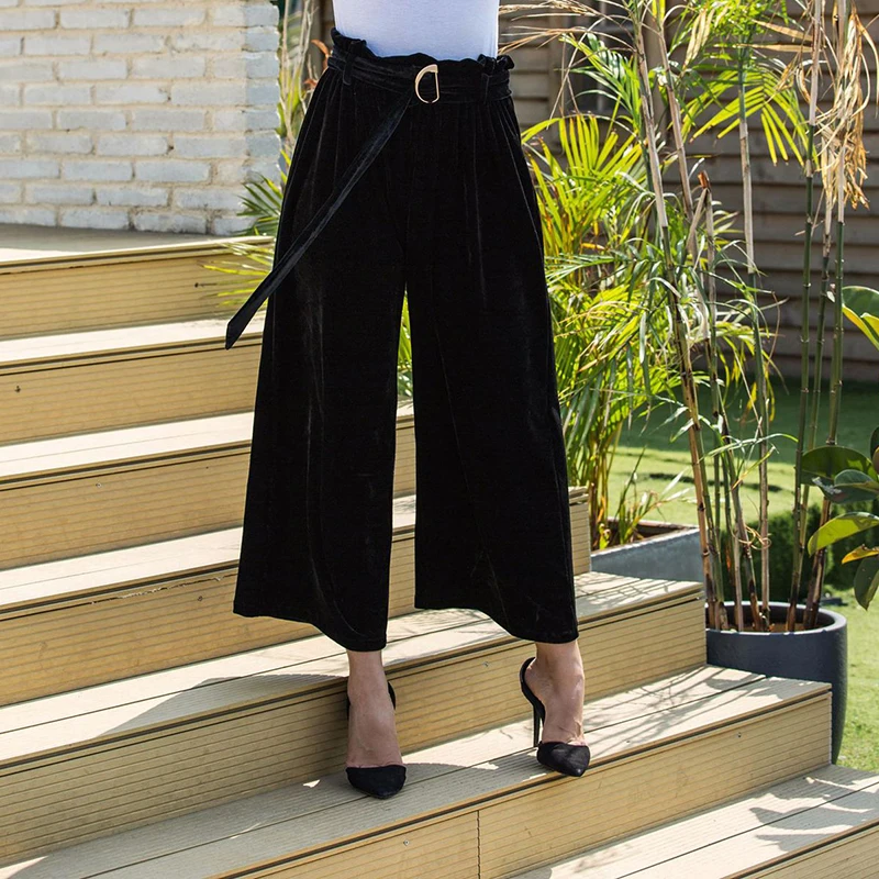 Bella Philosophy 2018 primavera terciopelo pierna ancha plisado pantalones sólidos mujeres Casual cintura alta moda Vintage largo