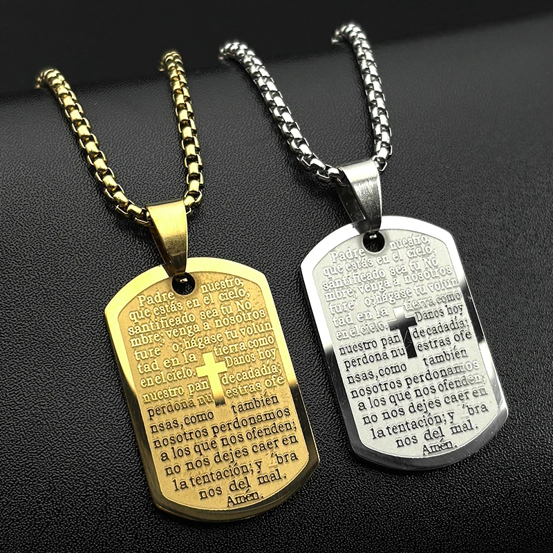 Christian The Lord's Prayer Cross Bible Spainsh Verse Dog Tag Necklace for Women Men Stainless Steel Jesus Chain Jewelry Gift