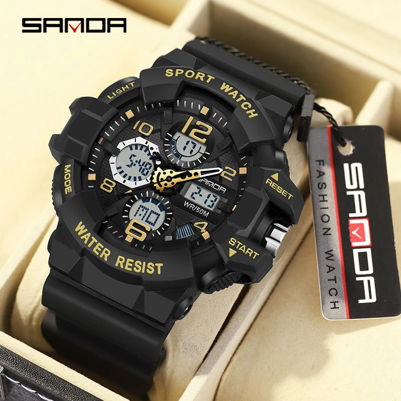 2025 Sanda - Military men's watch, LED digital sports watch, waterproof up to 50 meters, multifunctional, black, 3168