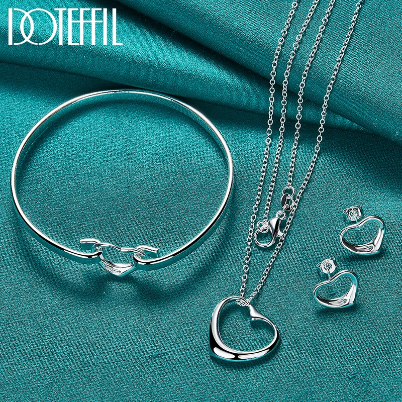 DOTEFFIL 3pcs 925 Sterling Silver Heart Earring Necklace Bracelet Set For Woman Man Wedding Party Fashion Charm Jewelry