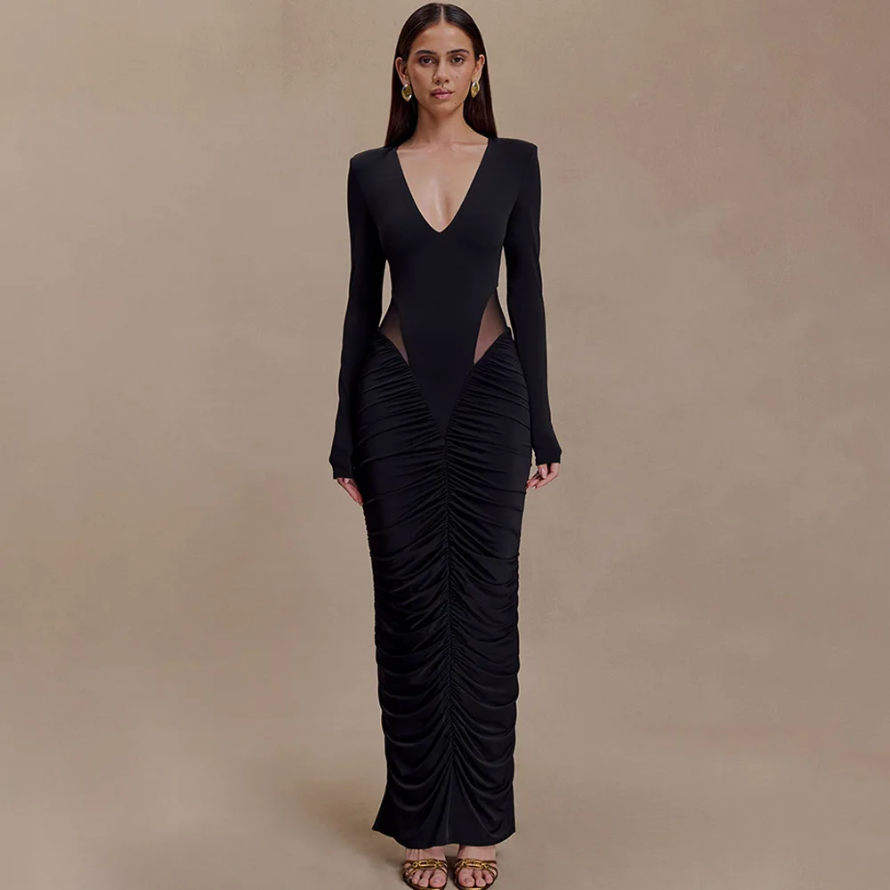 アプリバント エレガント ディープVネック ラッフル シアーメッシュ カットアウト ボディコン ドレス レディース スリム ロングドレス 2025 秋冬新作 セクシー パーティーウェア