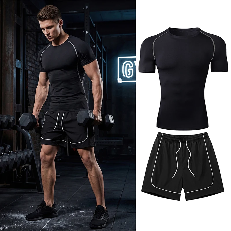 Men's Workout Running Gear 2 Piece Athletic Suit Short Sleeve Compression Shirt T-shirt Tees Athleisure Shorts with Mesh Liner