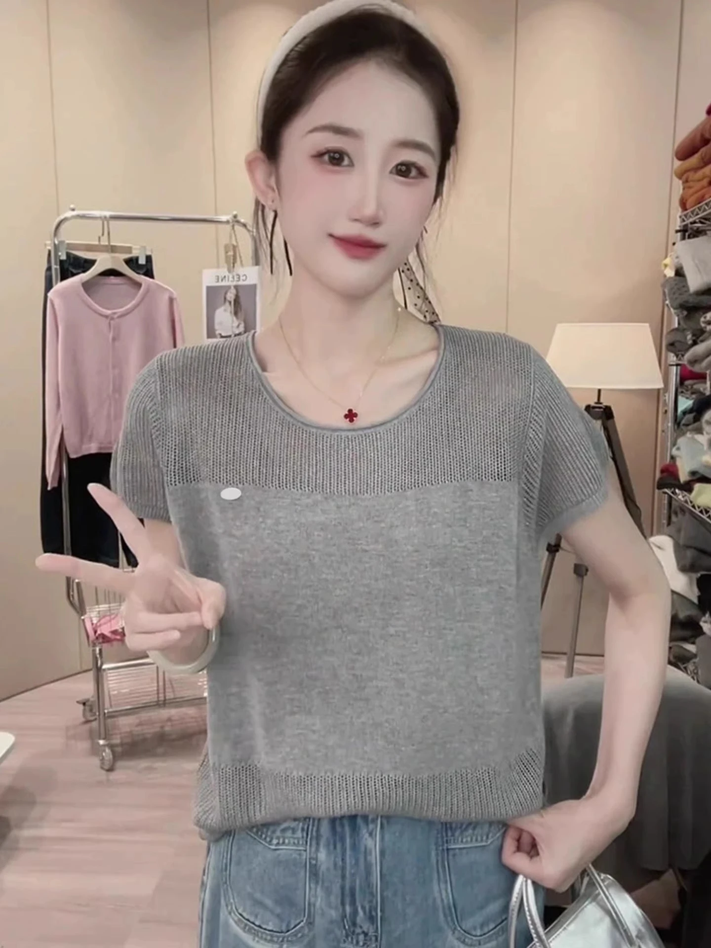

Loose round Ne ort Sve Knitted Sweater Faionable Korean Sle Summer Top Slimming Trendy Commute Wind Casual Loose Fit