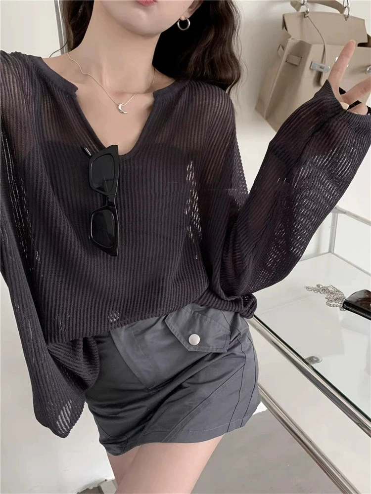 

Women Summer White Hollow Knit Sweater Ice Silk Loose Top with Adjustable Straps Uv Protection Cover Transitional Autumn Fashion