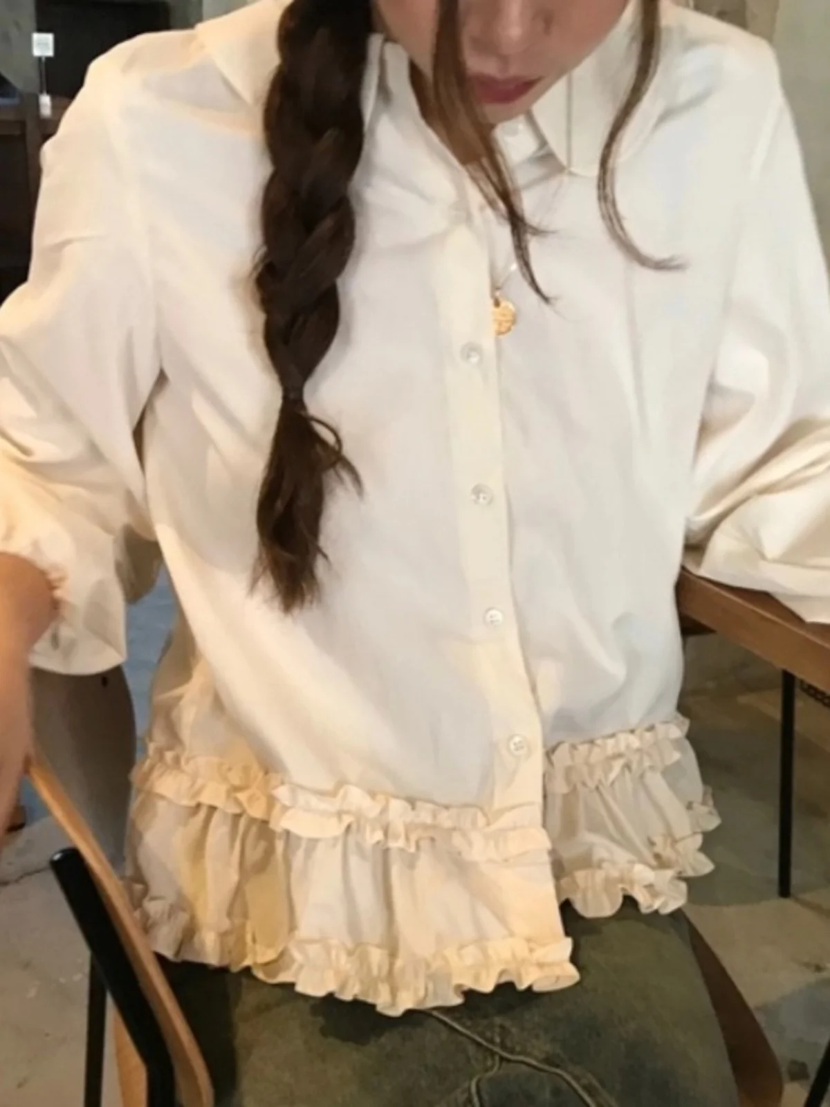 

Chic White ort irt Women's Faion Spring New Design Doll Collar Blouse Floral Korean Sle Bubble Sve Loose Fit