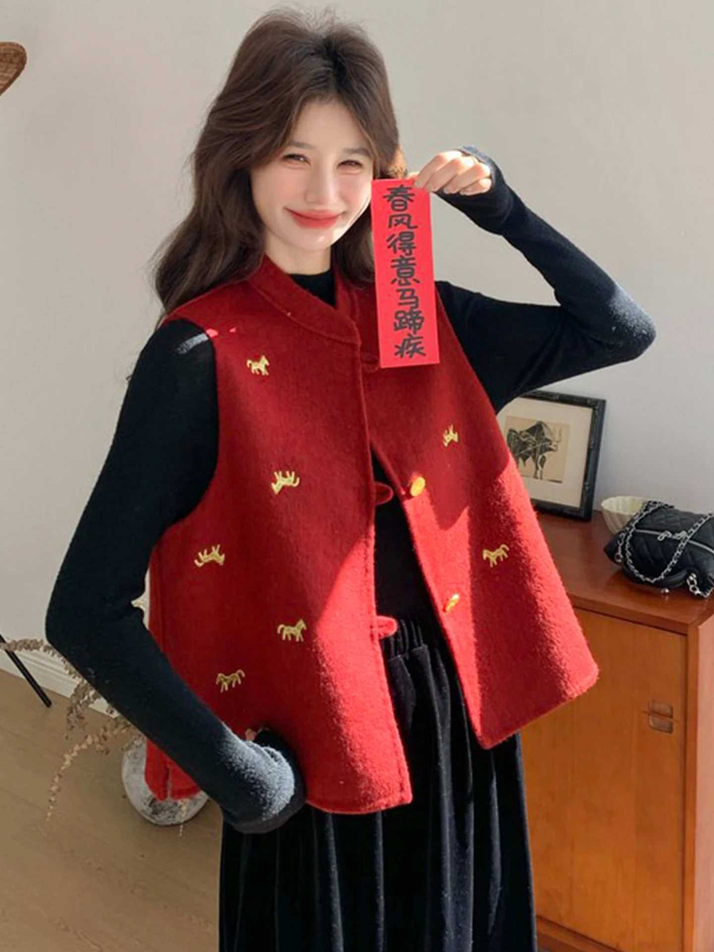 

Exquisite Embroidered Red Vest Set for Women Unique Luxury Spring Faion Casual Sle Long Sve round Ne Warmth