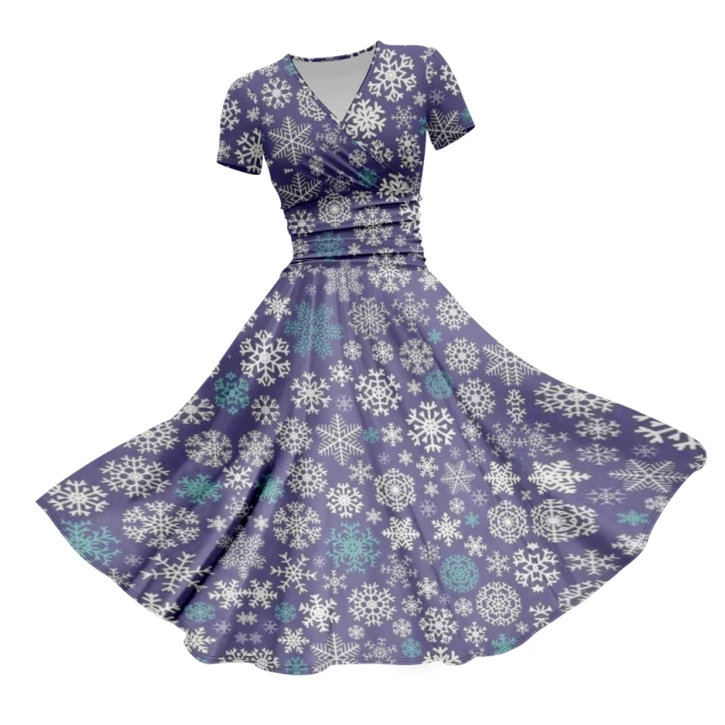 Spring Light Purple White Snowflake Pattern Elegant Full Print Casual Skirts Short Sleeve V Neck Party Club Dresses