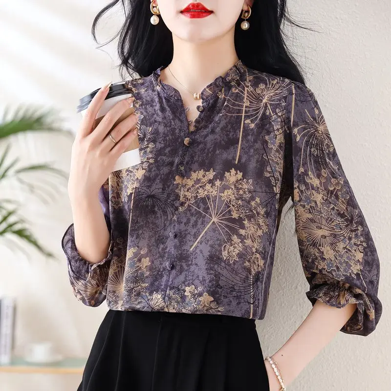 Spring Summer Round Neck Fashion Long Sleeve Shirt Women High Street Casual Button Patchwork Pullovers Vintage Printing Tops