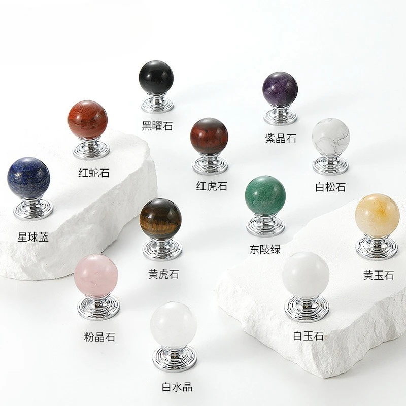 French Chic Brass & Marble Cabinet Handles - Round Crystal Door & Wardrobe Pulls, Natural Stone Drawer Knobs for Furniture