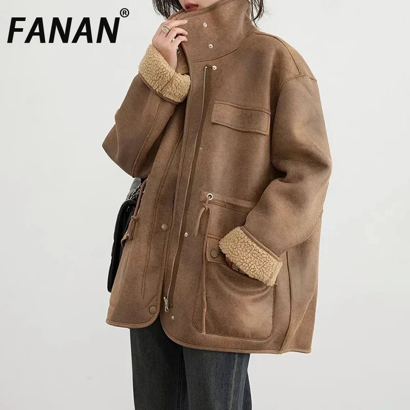 

FANAN женские куртки из 100% хлопка, толстая теплая однотонная замшевая двусторонняя куртка, мотоциклетное пальто, свободное женское пальто, зимнее