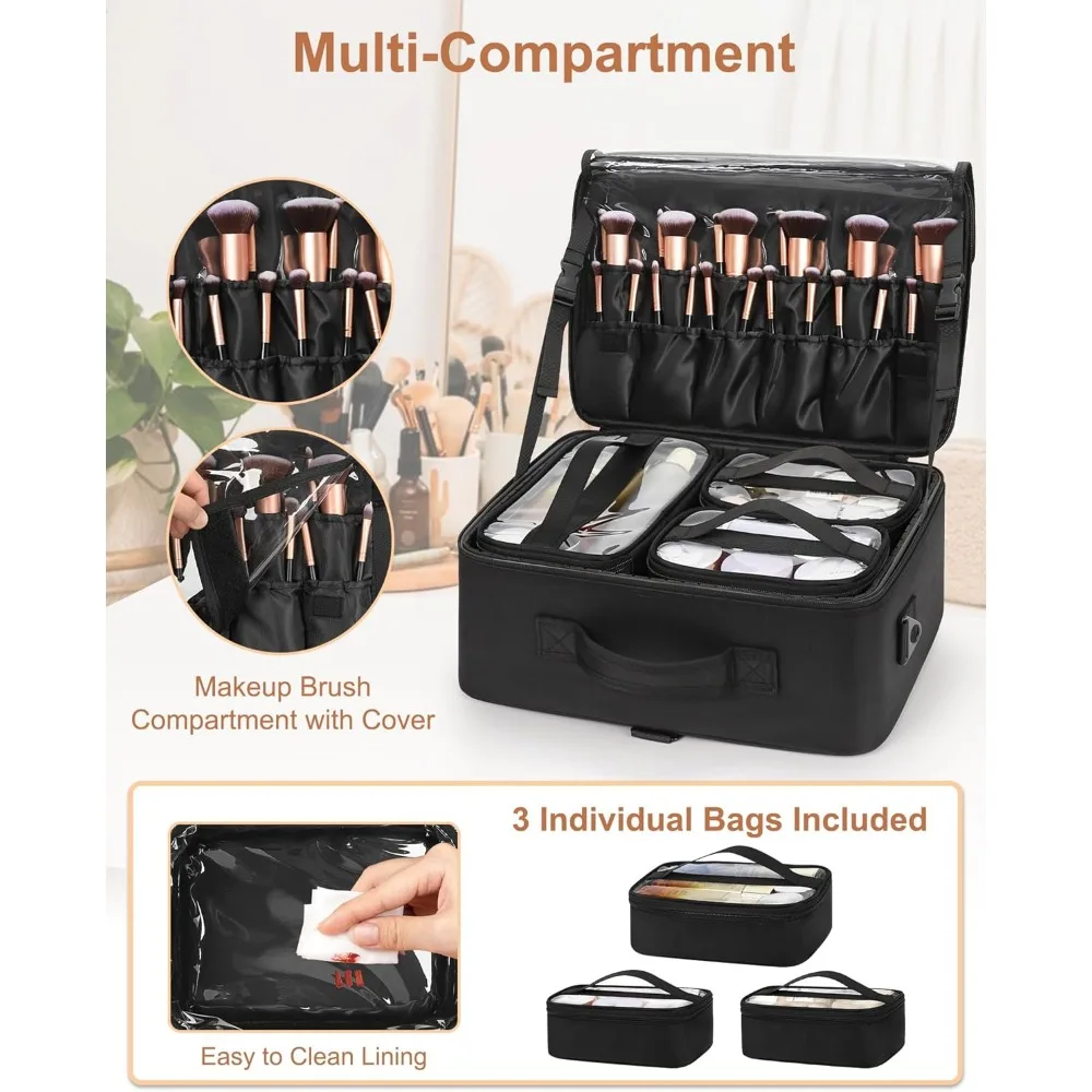 Large Makeup Bag with 3 Removable Pouches, Adjustable Dividers, Brush Holder & Shoulder Strap for Travel