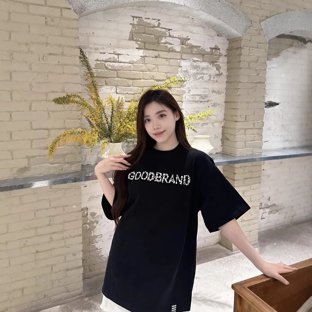 2026 Goodbrand Fashion Summer Sequins Slogan Fashion Premium Casual Bata Unisex Couple T-Shirt Loose Street Style