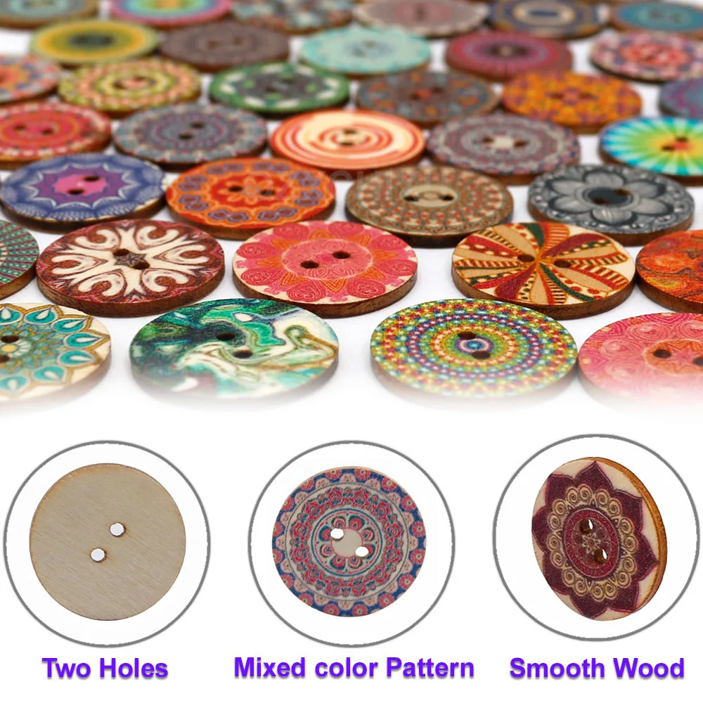 50/100 PCS 25mm Mixed Random Painted Flower 2 Hole Round Wood Button For Clothing Sewing Crafting DIY Sewing Accessories