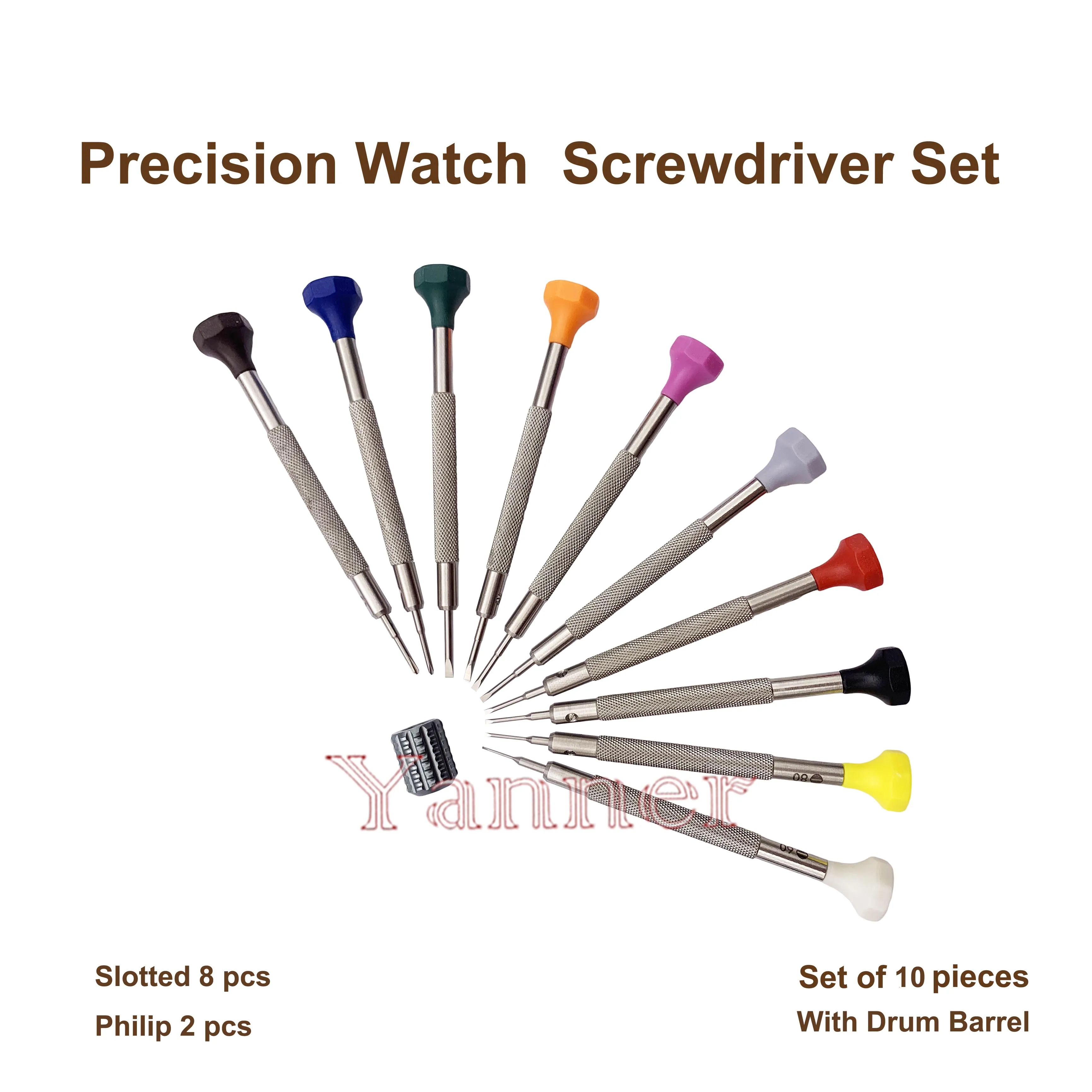 10Pcs Watch Repair Screwdriver Set, 0.6-2.0mm Flat Bits + 1.4/1.6mm Cross Bits, Storage Barrel Included for Watchmakers