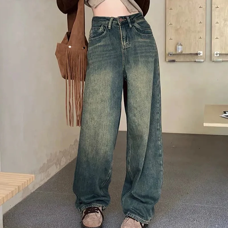 Rimocy Retro Blue Baggy Jeans Women Streetwear Distressed High Waist Cargo Pants Woman Harajuku Wide Leg Denim Trouses Female