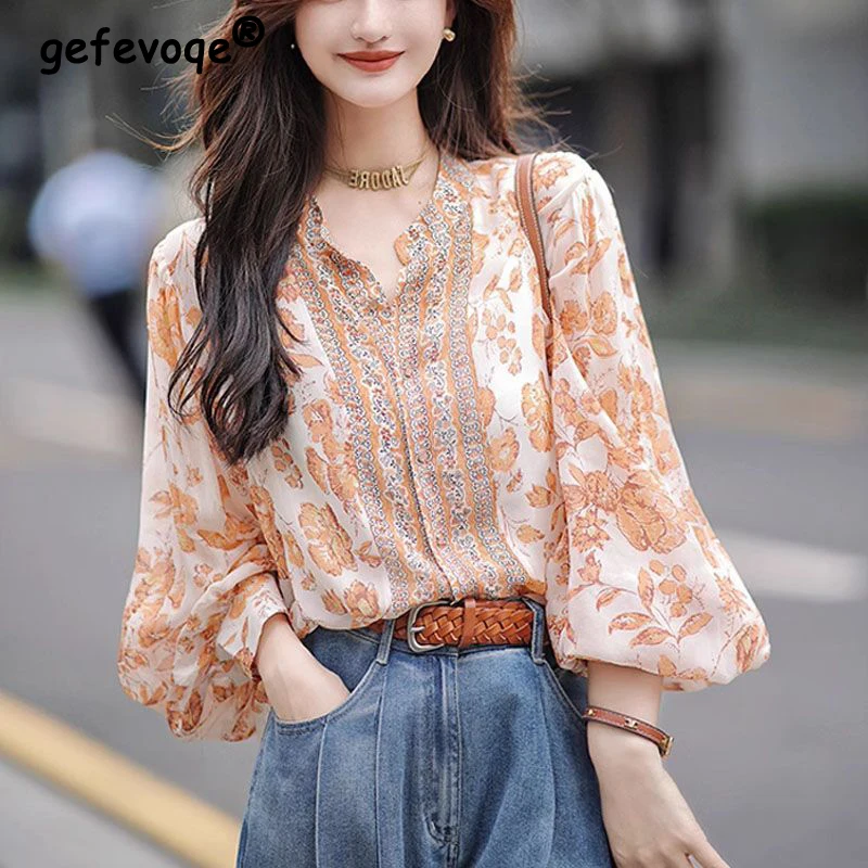 Women\'s Trendy Print Sweet Chic Button Up Shirt Spring Autumn Vintage Elegant Blouse Stand Collar Long Sleeve Tops Blusas Mujer