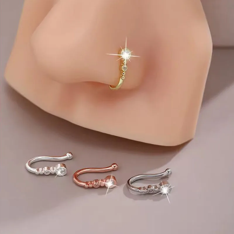 1 Stück schicker, U-förmiger Nasenclip, minimalistischer Hip-Hop-Nasenring ohne Piercing, mit funkelnden Zirkonia-Steinen, für Damen.