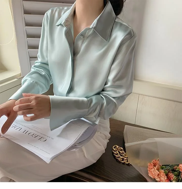 Women's Satin Blouse Long Sleeve French Fashion Solid Color Shirts Office Lady Clothes Elegant Woman Shirts Korean Ladies Wear