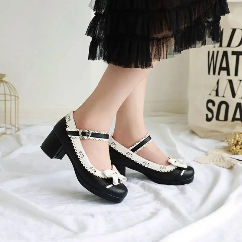 ASILETO Spring Autumn knot pumps Shoes woman Med heels Round toe Bowtie Big size 33-43 sweet ruffle Lolita princess girl shoes