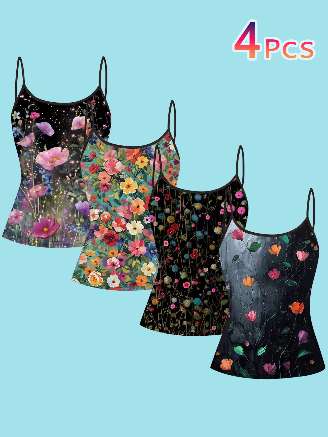 4-Piece Set of Oil Painting Style Black Background Colorful Wildflower Print Camisoles, Artistic Hand-Painted Texture Multicolor Wildflowers, Poppies, Tulips All-Over Print Women's Slim-Fit Spaghetti Strap Sleeveless Tops for Outerwear or Layering