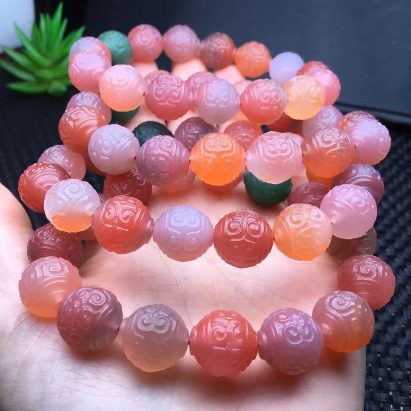 

Natural Full of Meat Yanyuan Agate Fret Beads Single Ring Women's Bracelet Exquisite Carving Bright Color