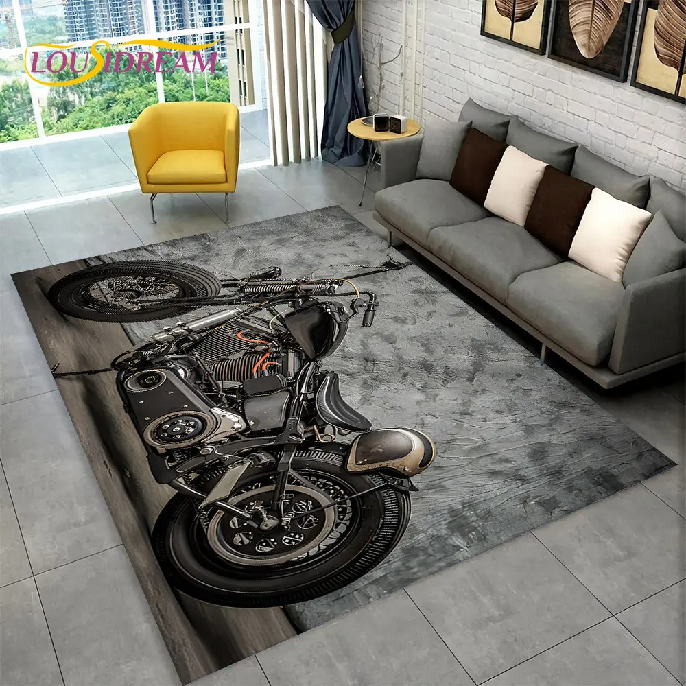 3D Retro Vintage Motorcycle Area Rug Large,Carpet Rug for Living Room Bedroom Sofa Doormat Decor,Child Play Non-slip Floor Mat