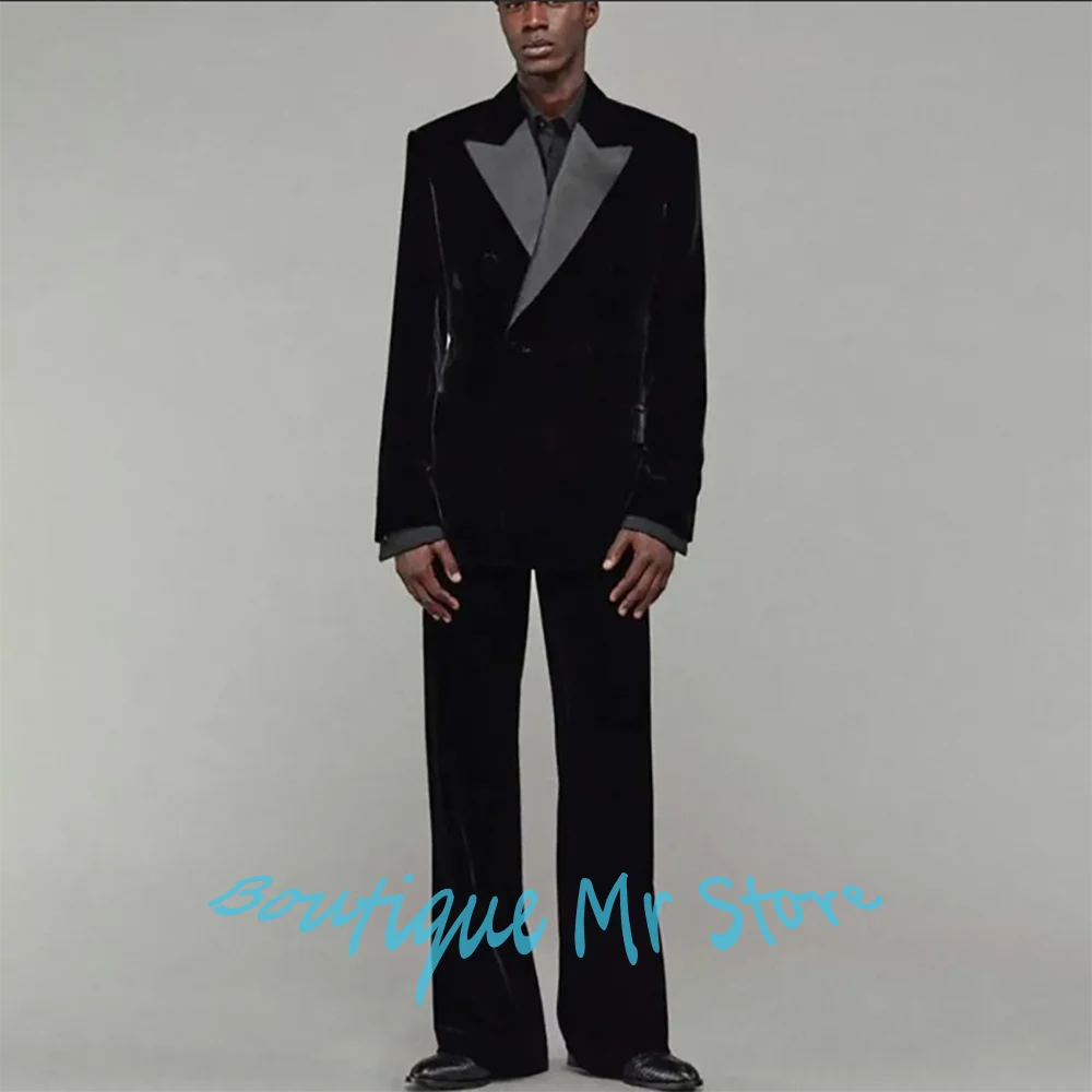 

Роскошные мужские черные бархатные двубортные костюмы с атласными остроконечными лацканами, комплект из 2 предметов, элегантный формальный вечерний наряд для банкета и вечеринки