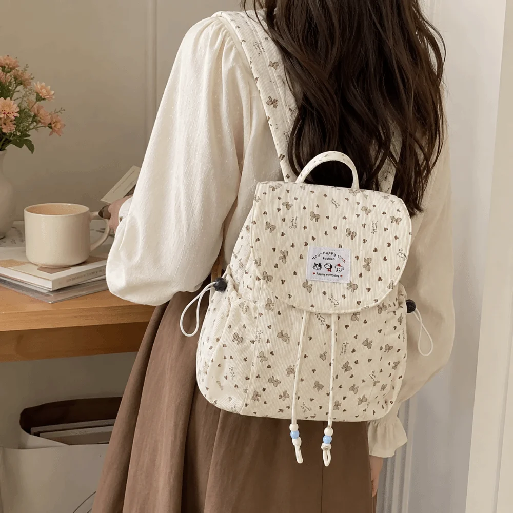 Lightweight Bow Print Corduroy Backpack Large Capacity Simple Design Drawstring Daypack Versatile Casual Bookbag Student