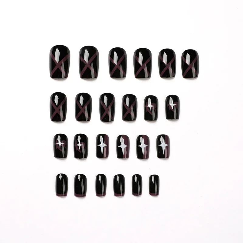 24 Stks/set Korte Gotische Stijl Nep Nagels Pers Ons Mode Nagel Tips Volledige Dekking Valse Nagels Met Ontwerpen Zwart Rood Pers Op Nagels