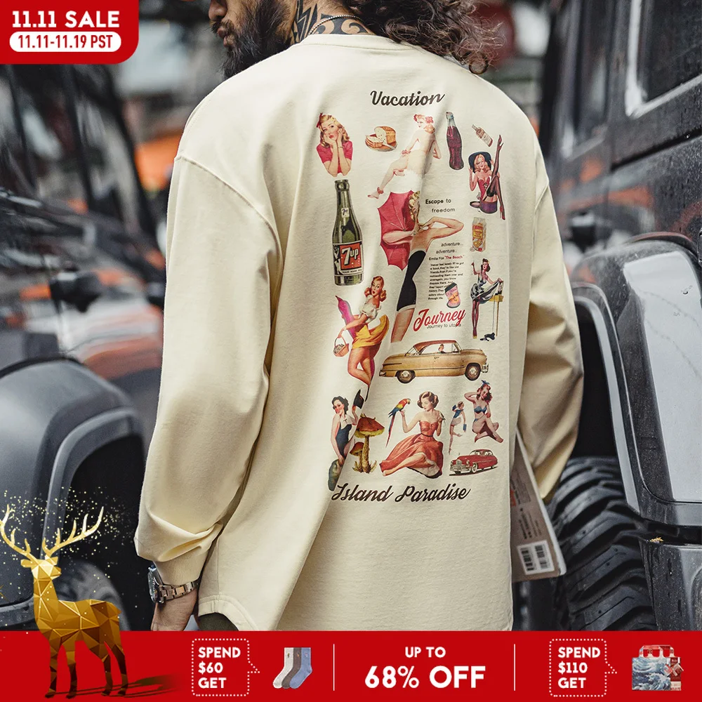 

Винтажная футболка Maden с длинными рукавами и принтом сзади, свободный повседневный пуловер с круглым вырезом для мужчин, весенне-осенние топы в уличном стиле 60-х годов