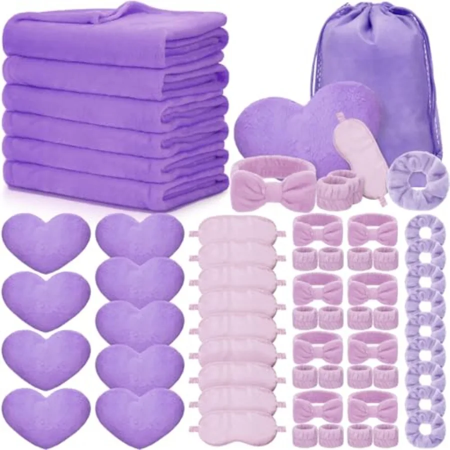 

Набор для спа-процедур из 63 предметов: 9 одеял, 9 плюшевых подушек в форме сердца, 9 сатиновых накладок для глаз, 9 спа-подушек для головы, 9 напульсников, 9 резинок для волос, 9 подарочных наборов