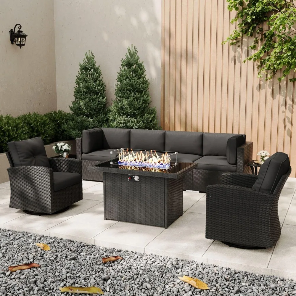 Patio Furniture Set with Fire Pit Table, 9 Pieces  All-Weather Wicker Conversation Sectional Chair Sofa Set with 2 Swivel Chairs