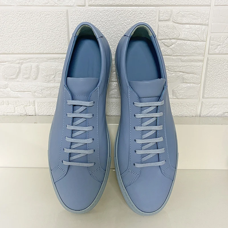 DONNAIN Haze Blue Calfskin Leather Sneakers Low-top Comfort High Quality Casual Couple Flat Shoes Plus Size Rubber Sole