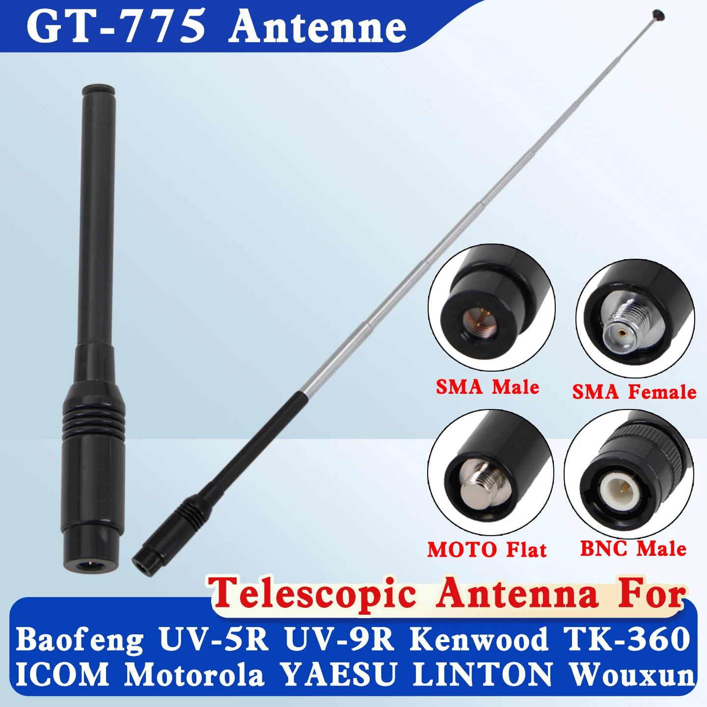 GT-775 Dual Band High Gain Telescopic Antenna RH-775 SMA Male/Female/BNC Plug For ICOM IC-V8 IC-V80 IC-V80E IC-V82 IC-V85 Radio