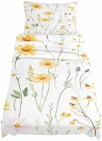 Yellow Daisy Floral Twin XL Sheet Set 3 Piece Bedding - Spring Rustic Botanical Flowers Breathable Comfy Cooling Bed