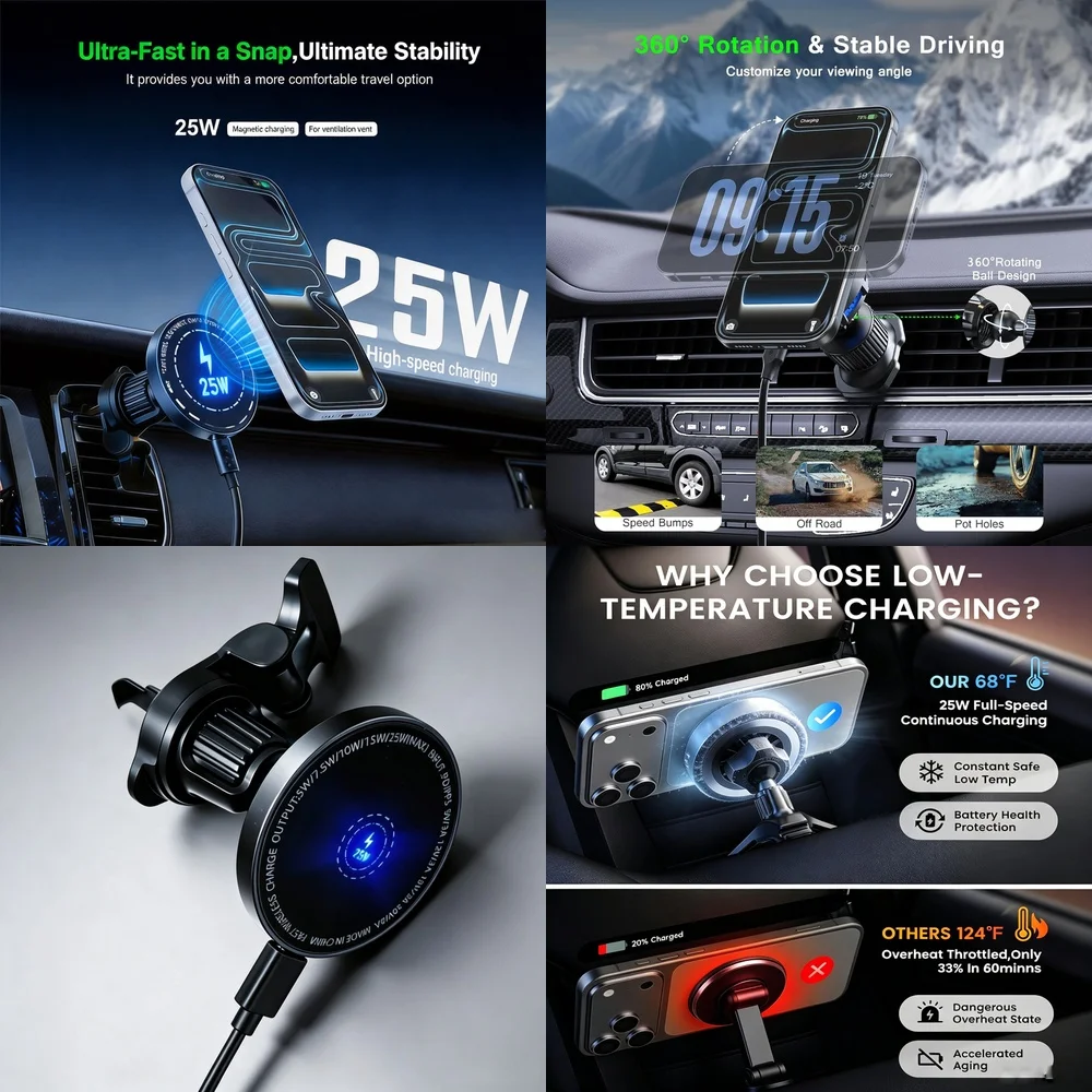 Magnetic Car Wireless Charger Mount 25W Air Vent 360 Ball Rotation Stable Low Temp for iPhone 17 16 Samsung S26 S25 Galaxy Ultra
