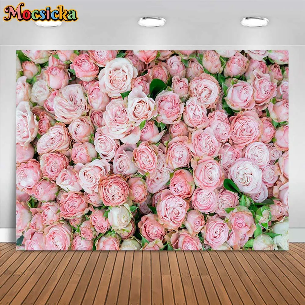 Mocsicka Pink Flowers Backdrop for Photography Wedding Birthday Women Baby Kids Portrait Photo Background Studio Photocall Props