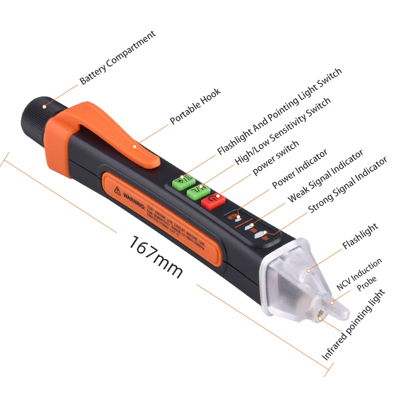 48-1000V Penguji Tegangan Non Kontak Detektor Tegangan AC Pena Penguji Sirkuit Indikator Listrik Alat Dinding dengan Senter Pager