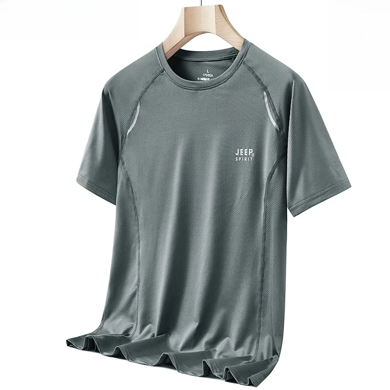 

Мужская летняя спортивная футболка из ледяного шелка с круглым вырезом, быстросохнущая, дышащая, для бега и фитнеса, новая модель