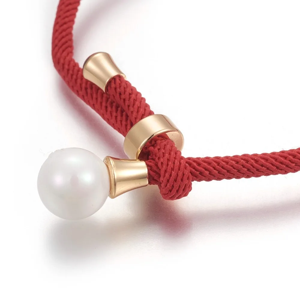 Cotton Cord Bracelets with Shell Pearl Beads and Brass Finding Long-Lasting Plated Real 24K Gold Plated Red 9 inch(23cm)