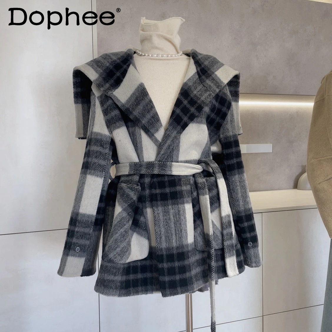 

Korean Navy Collar Plaid Double-sided Wool Coat Women's Loose and Versatile Fashion Lace-up Wool Tweed Coat Fall Winter 2025