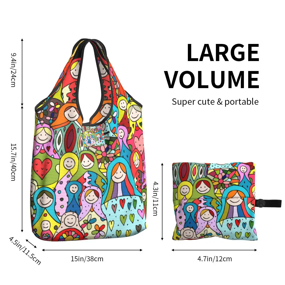 Custom Kawaii Russian Doll Babushka Matryoshka Shopping Tote Bag Portable Groceries Shopper Shoulder Bag